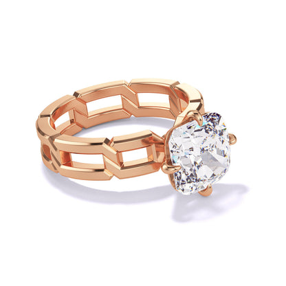 CUSHION CUT DIAMOND ENGAGEMENT RING WITH A COMPASS 4 PRONG 8 LINKS SETTING IN 18K ROSE GOLD
