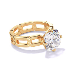 CUSHION CUT DIAMOND ENGAGEMENT RING WITH A COMPASS 4 PRONG 8 LINKS SETTING IN 18K YELLOW GOLD