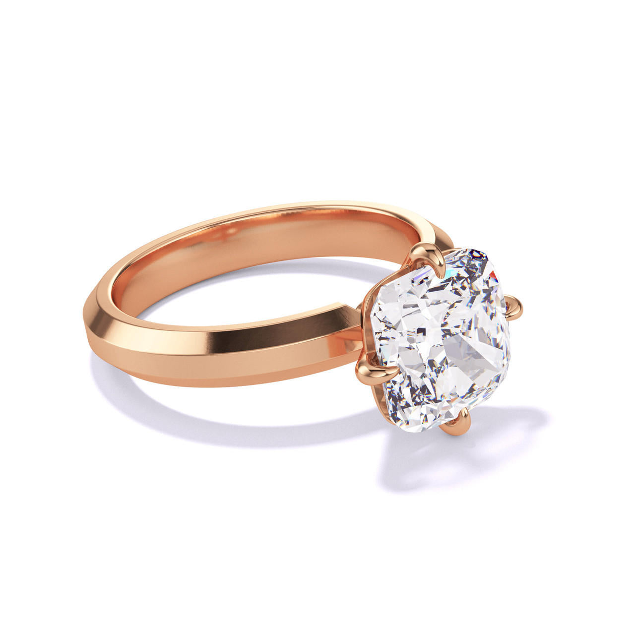 CUSHION CUT DIAMOND ENGAGEMENT RING WITH A COMPASS 4 PRONG THREE PHASES SETTING IN 18K ROSE GOLD