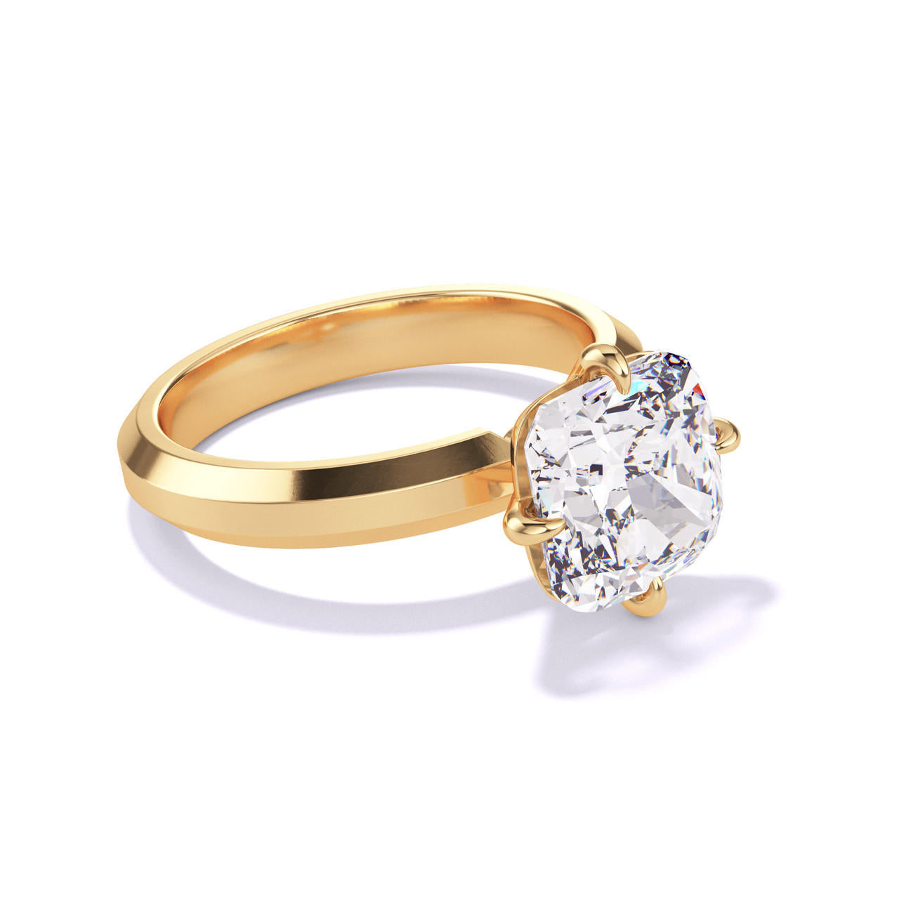 CUSHION CUT DIAMOND ENGAGEMENT RING WITH A COMPASS 4 PRONG THREE PHASES SETTING IN 18K YELLOW GOLD