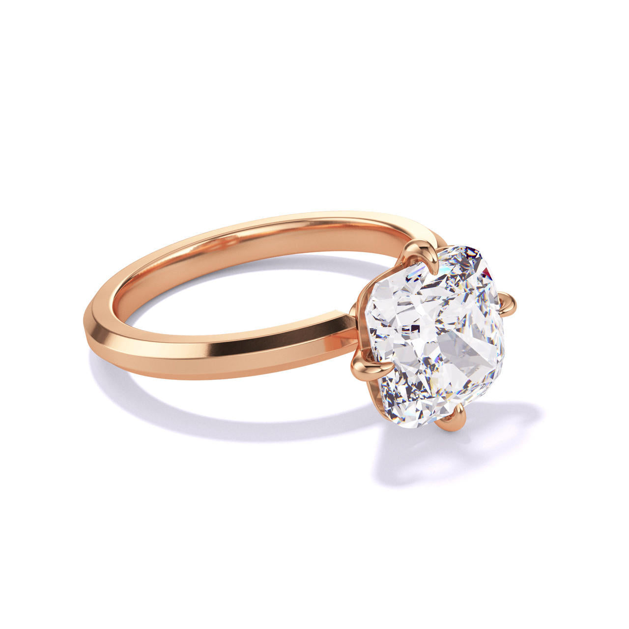 CUSHION CUT DIAMOND ENGAGEMENT RING WITH A COMPASS 4 PRONG THREE PHASES SLIM SETTING IN 18K ROSE GOLD