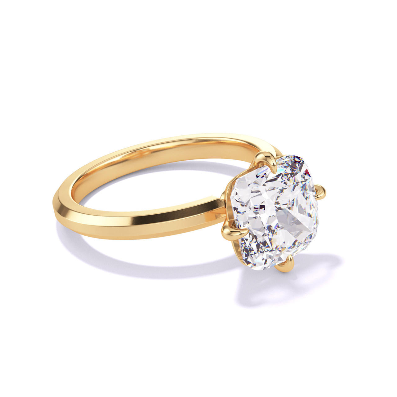 CUSHION CUT DIAMOND ENGAGEMENT RING WITH A COMPASS 4 PRONG THREE PHASES SLIM SETTING IN 18K YELLOW GOLD