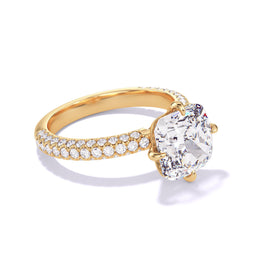 CUSHION CUT DIAMOND ENGAGEMENT RING WITH A COMPASS 4 PRONG THREE PHASES TRIPLE PAVE SETTING IN 18K YELLOW GOLD