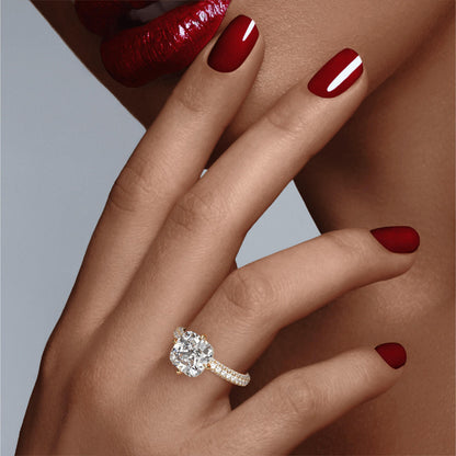 CUSHION CUT DIAMOND ENGAGEMENT RING WITH A COMPASS 4 PRONG THREE PHASES TRIPLE PAVE SETTING IN 18K YELLOW GOLD
