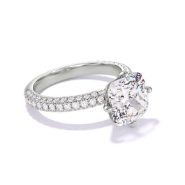 CUSHION CUT DIAMOND ENGAGEMENT RING WITH A COMPASS 4 PRONG THREE PHASES TRIPLE PAVE SETTING IN PLATINUM
