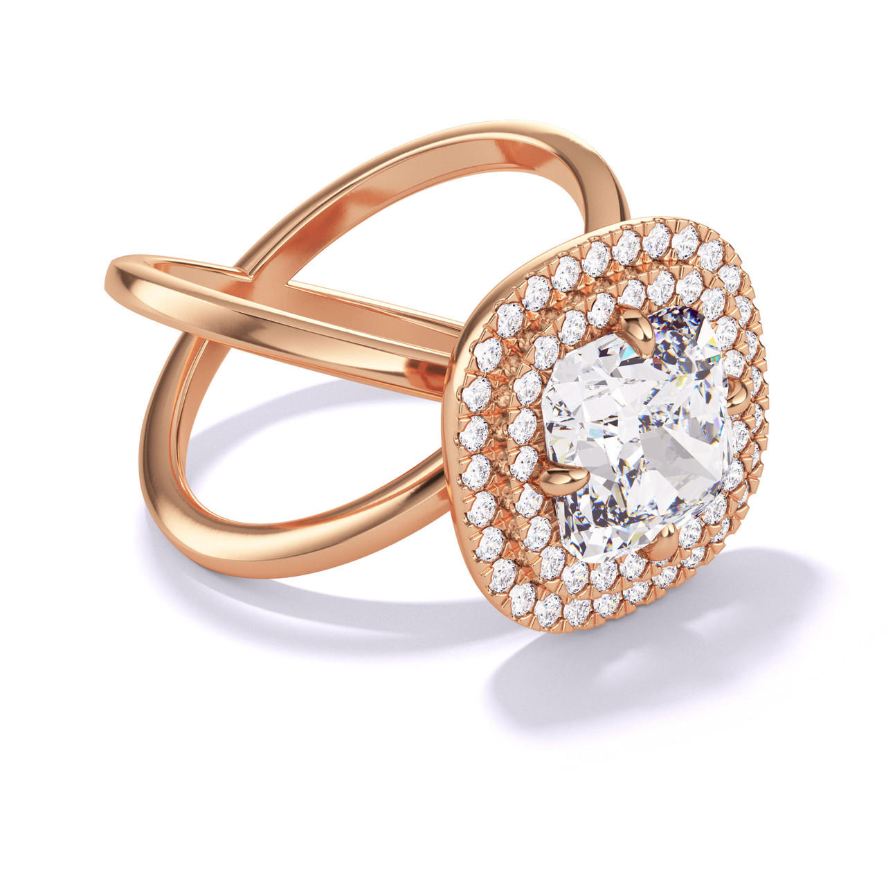 CUSHION CUT DIAMOND ENGAGEMENT RING WITH A DOUBLE HALO AXIS SETTING IN 18K ROSE GOLD