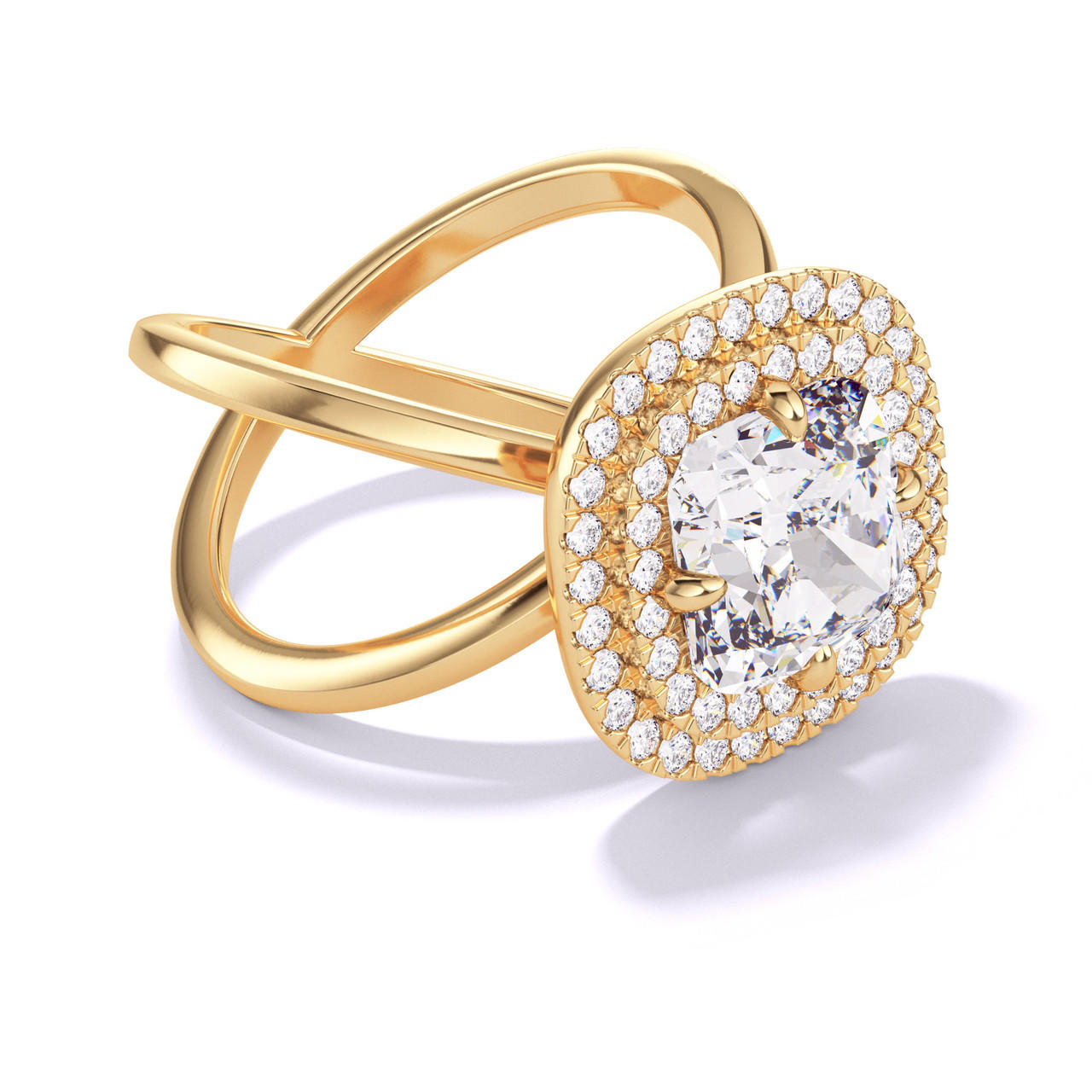 CUSHION CUT DIAMOND ENGAGEMENT RING WITH A DOUBLE HALO AXIS SETTING IN 18K YELLOW GOLD