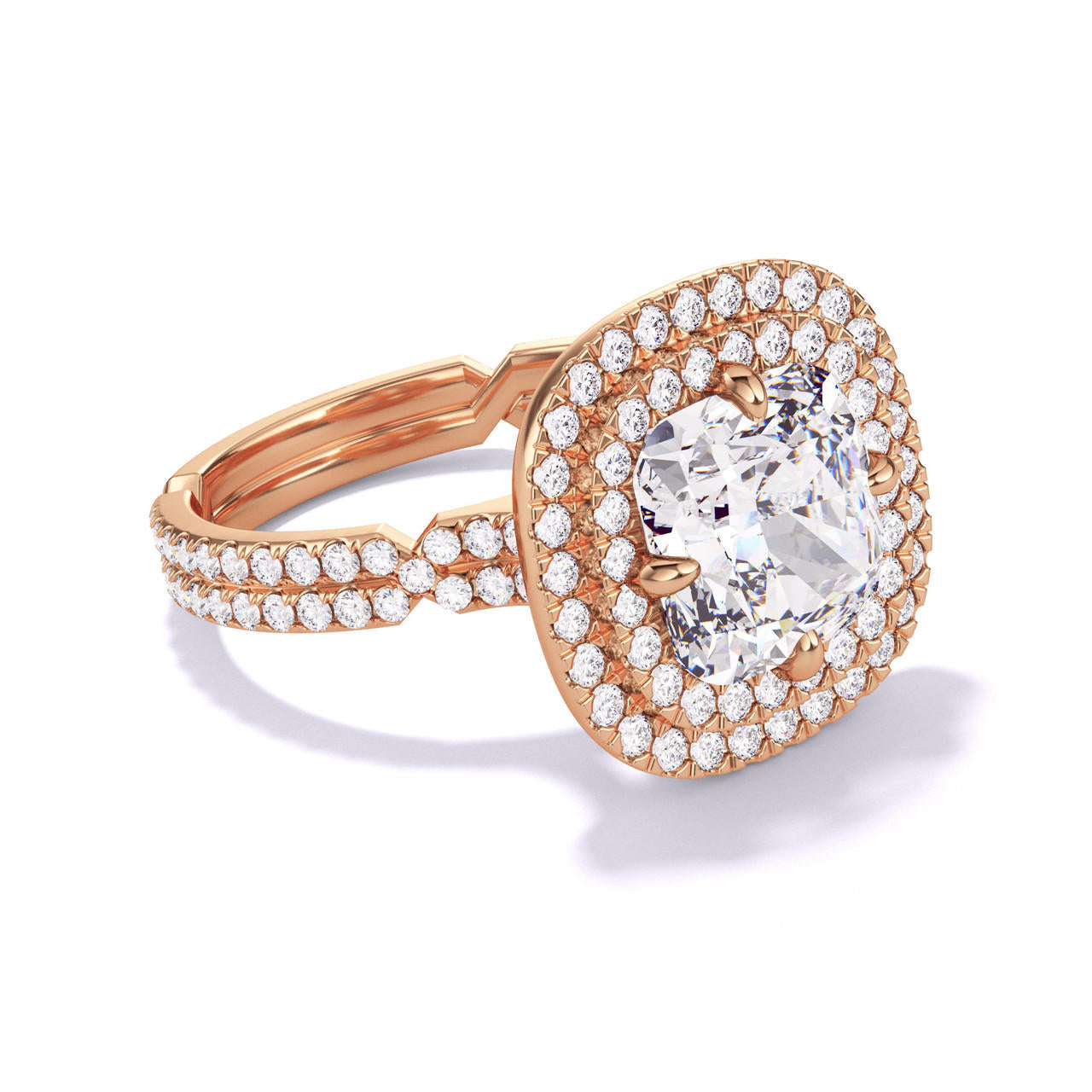 CUSHION CUT DIAMOND ENGAGEMENT RING WITH A DOUBLE HALO CHANCE PAVE SETTING IN 18K ROSE GOLD