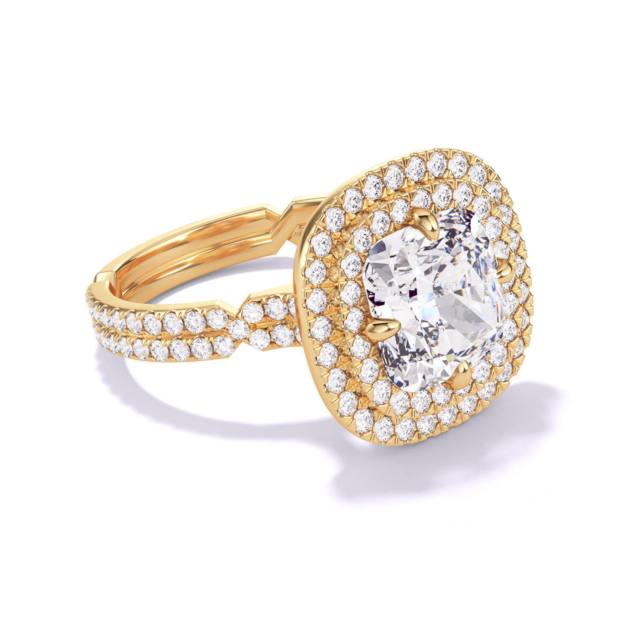 CUSHION CUT DIAMOND ENGAGEMENT RING WITH A DOUBLE HALO CHANCE PAVE SETTING IN 18K YELLOW GOLD