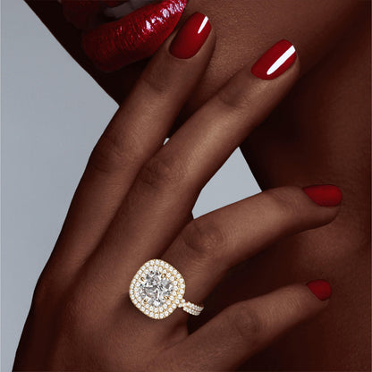 Gold Cushion Cut Double Halo Engagement Ring with a Pave Chance Setting
