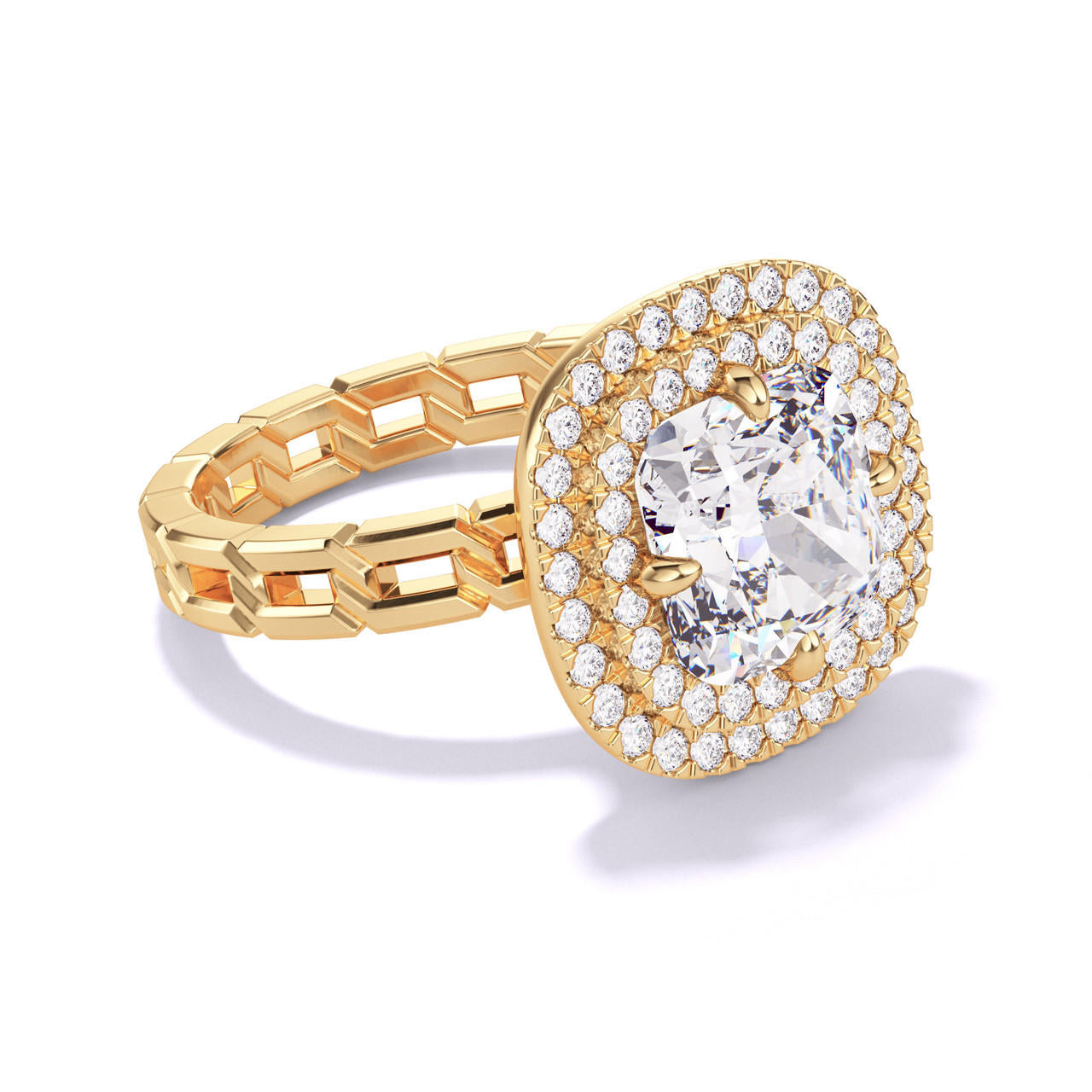 CUSHION CUT DIAMOND ENGAGEMENT RING WITH A DOUBLE HALO 16 LINKS SETTING IN 18K YELLOW GOLD