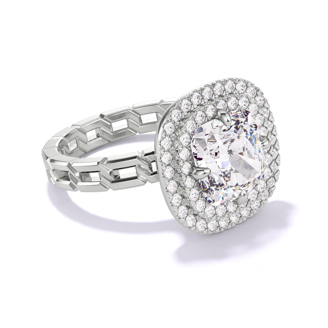 CUSHION CUT DIAMOND ENGAGEMENT RING WITH A DOUBLE HALO 16 LINKS SETTING IN PLATINUM