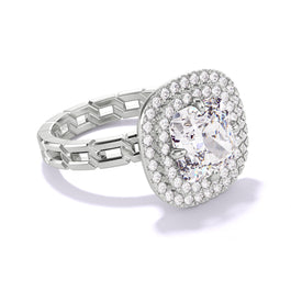An angled view of Cushion Cut Diamond Engagement Ring with a double halo 16 links setting in Platinum.