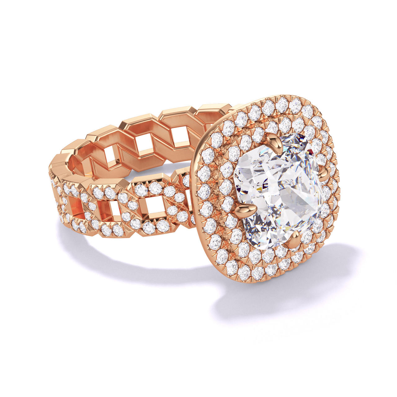 CUSHION CUT DIAMOND ENGAGEMENT RING WITH A DOUBLE HALO 16 PAVE LINKS SETTING IN 18K ROSE GOLD