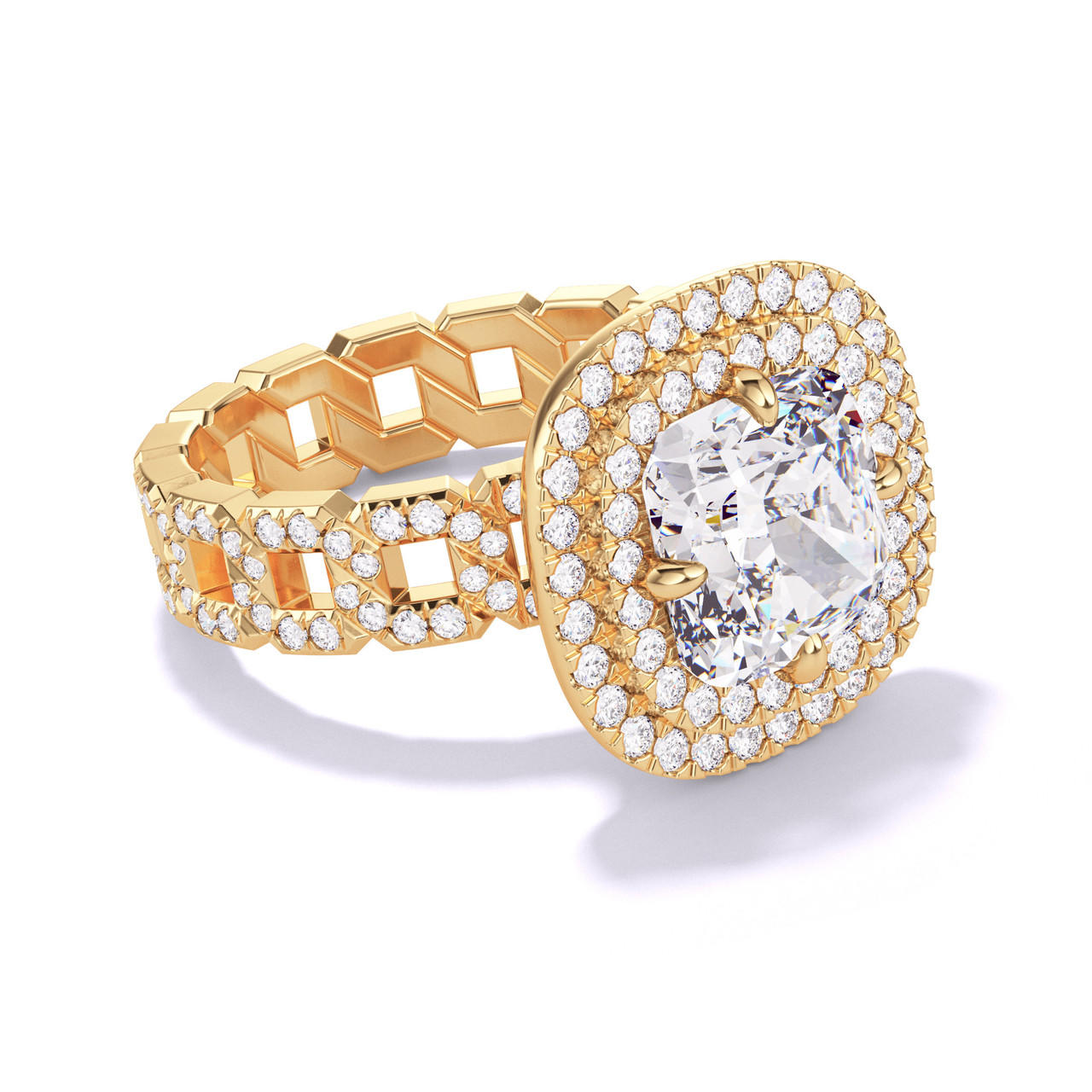 CUSHION CUT DIAMOND ENGAGEMENT RING WITH A DOUBLE HALO 16 PAVE LINKS SETTING IN 18K YELLOW GOLD