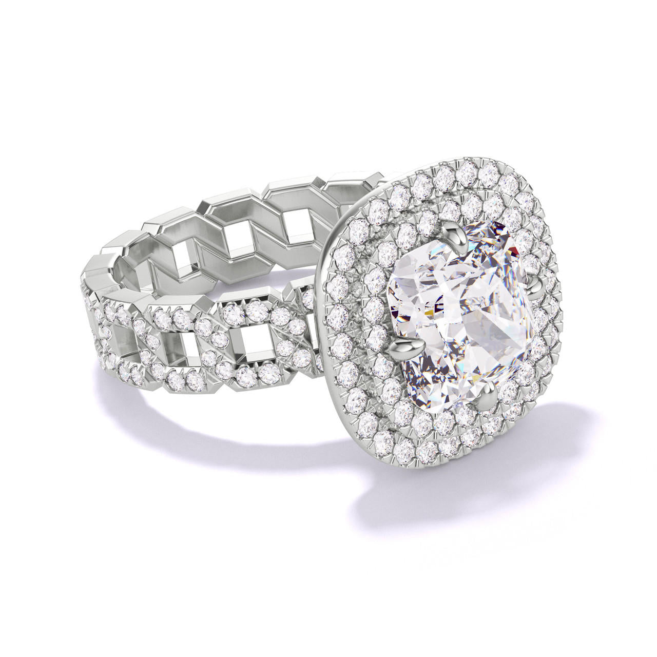 CUSHION CUT DIAMOND ENGAGEMENT RING WITH A DOUBLE HALO 16 PAVE LINKS SETTING IN PLATINUM