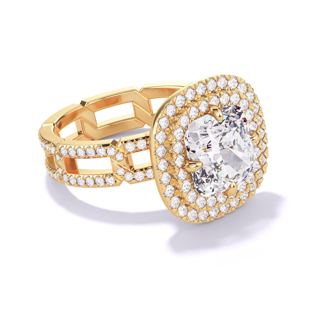 CUSHION CUT DIAMOND ENGAGEMENT RING WITH A DOUBLE HALO 8 PAVE LINKS SETTING IN 18K YELLOW GOLD