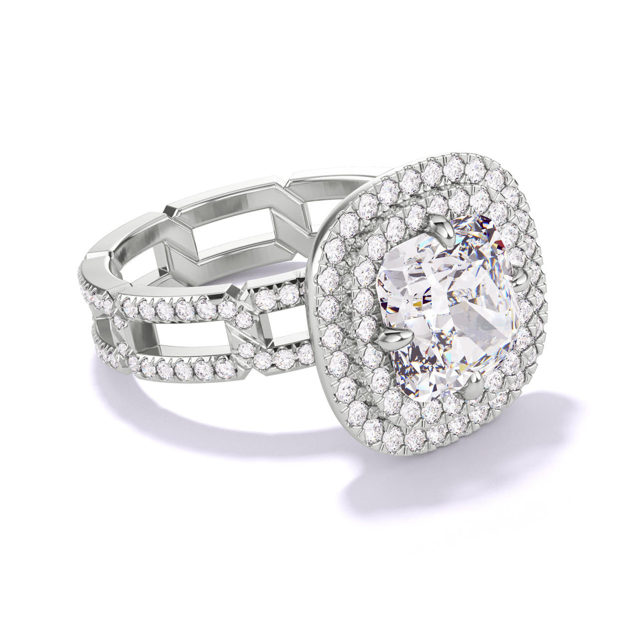 CUSHION CUT DIAMOND ENGAGEMENT RING WITH A DOUBLE HALO 8 PAVE LINKS SETTING IN PLATINUM