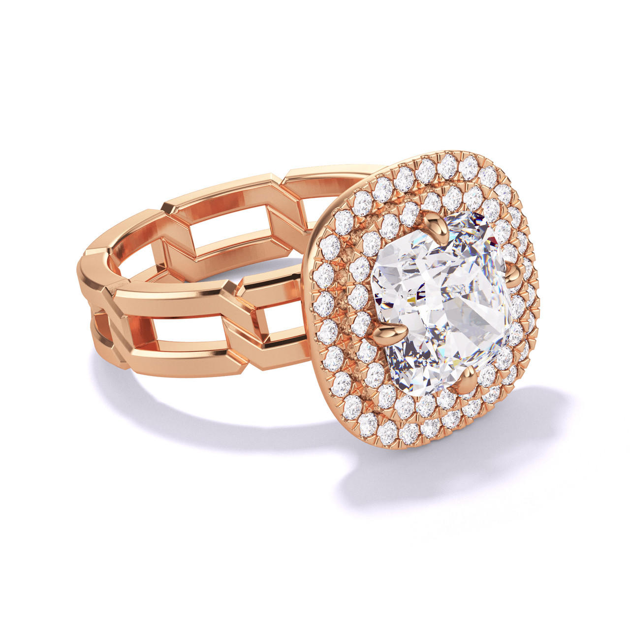 CUSHION CUT DIAMOND ENGAGEMENT RING WITH A DOUBLE HALO 8 LINKS SETTING IN 18K ROSE GOLD