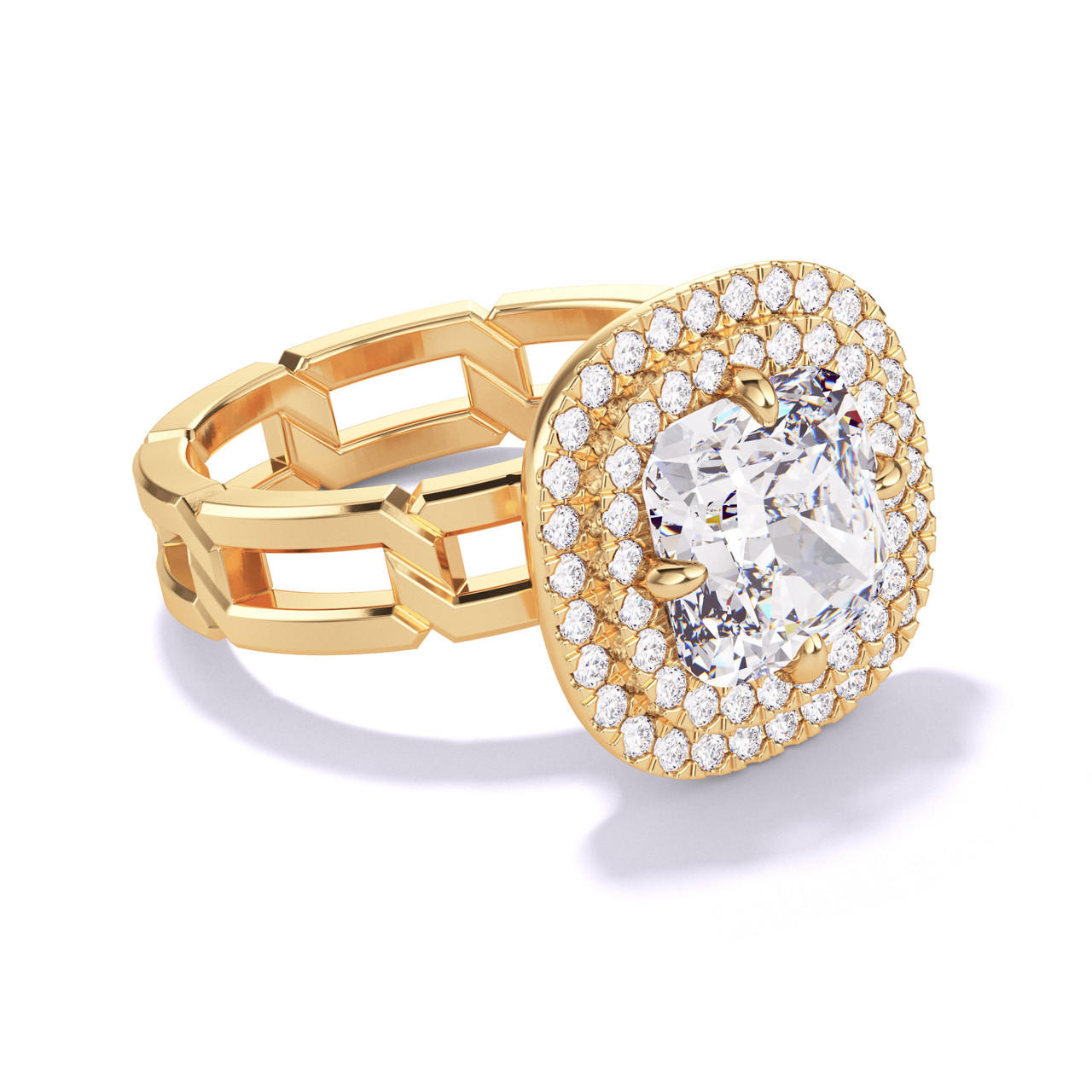 CUSHION CUT DIAMOND ENGAGEMENT RING WITH A DOUBLE HALO 8 LINKS SETTING IN 18K YELLOW GOLD