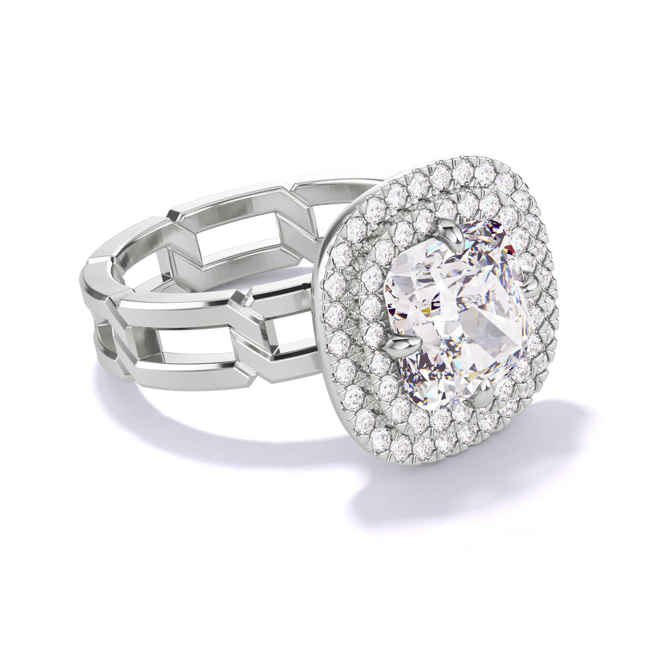 CUSHION CUT DIAMOND ENGAGEMENT RING WITH A DOUBLE HALO 8 LINKS SETTING IN PLATINUM