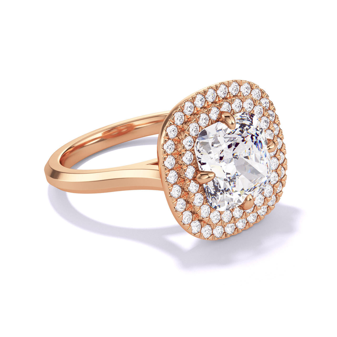 CUSHION CUT DIAMOND ENGAGEMENT RING WITH A DOUBLE HALO THREE PHASES SLIM SETTING IN 18K ROSE GOLD