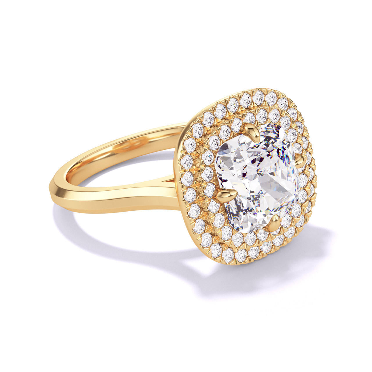 CUSHION CUT DIAMOND ENGAGEMENT RING WITH A DOUBLE HALO THREE PHASES SLIM SETTING IN 18K YELLOW GOLD