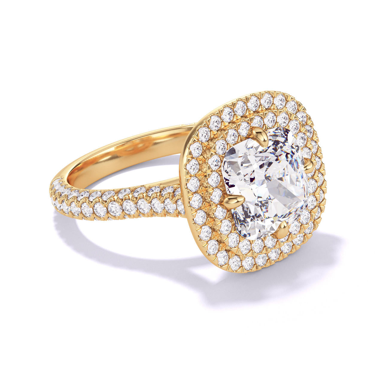 CUSHION CUT DIAMOND ENGAGEMENT RING WITH A DOUBLE HALO THREE PHASES TRIPLE PAVE SETTING IN 18K YELLOW GOLD