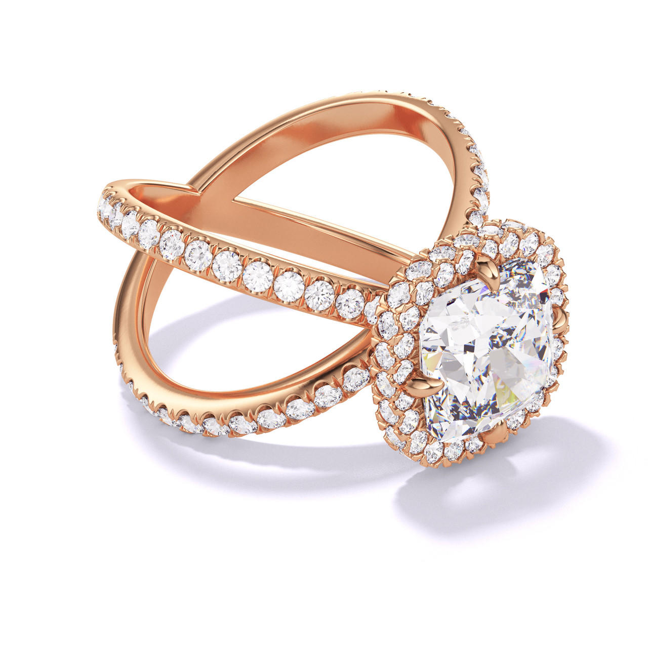 CUSHION CUT DIAMOND ENGAGEMENT RING WITH A WRAPPED HALO AXIS PAVE SETTING IN 18K ROSE GOLD