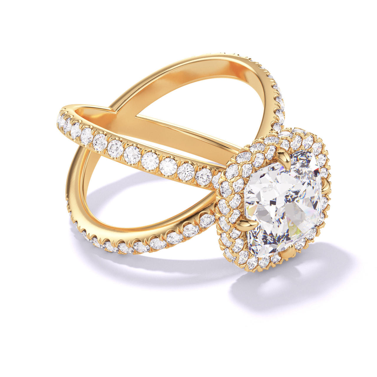 CUSHION CUT DIAMOND ENGAGEMENT RING WITH A WRAPPED HALO AXIS PAVE SETTING IN 18K YELLOW GOLD