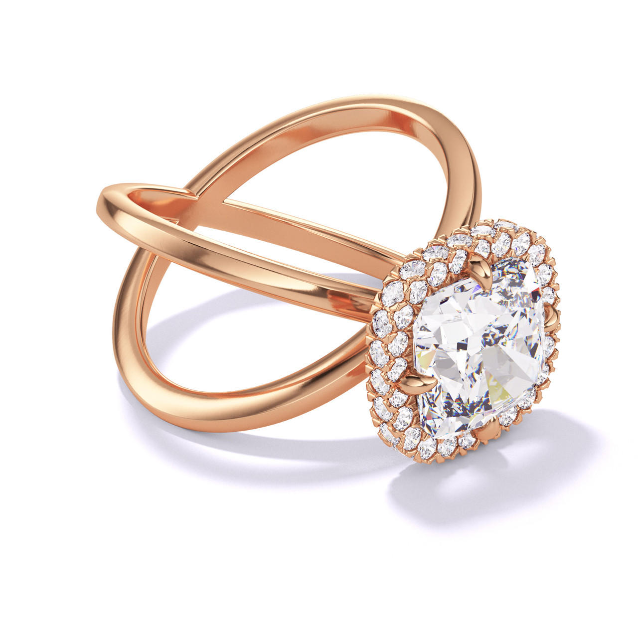 CUSHION CUT DIAMOND ENGAGEMENT RING WITH A WRAPPED HALO AXIS SETTING IN 18K ROSE GOLD