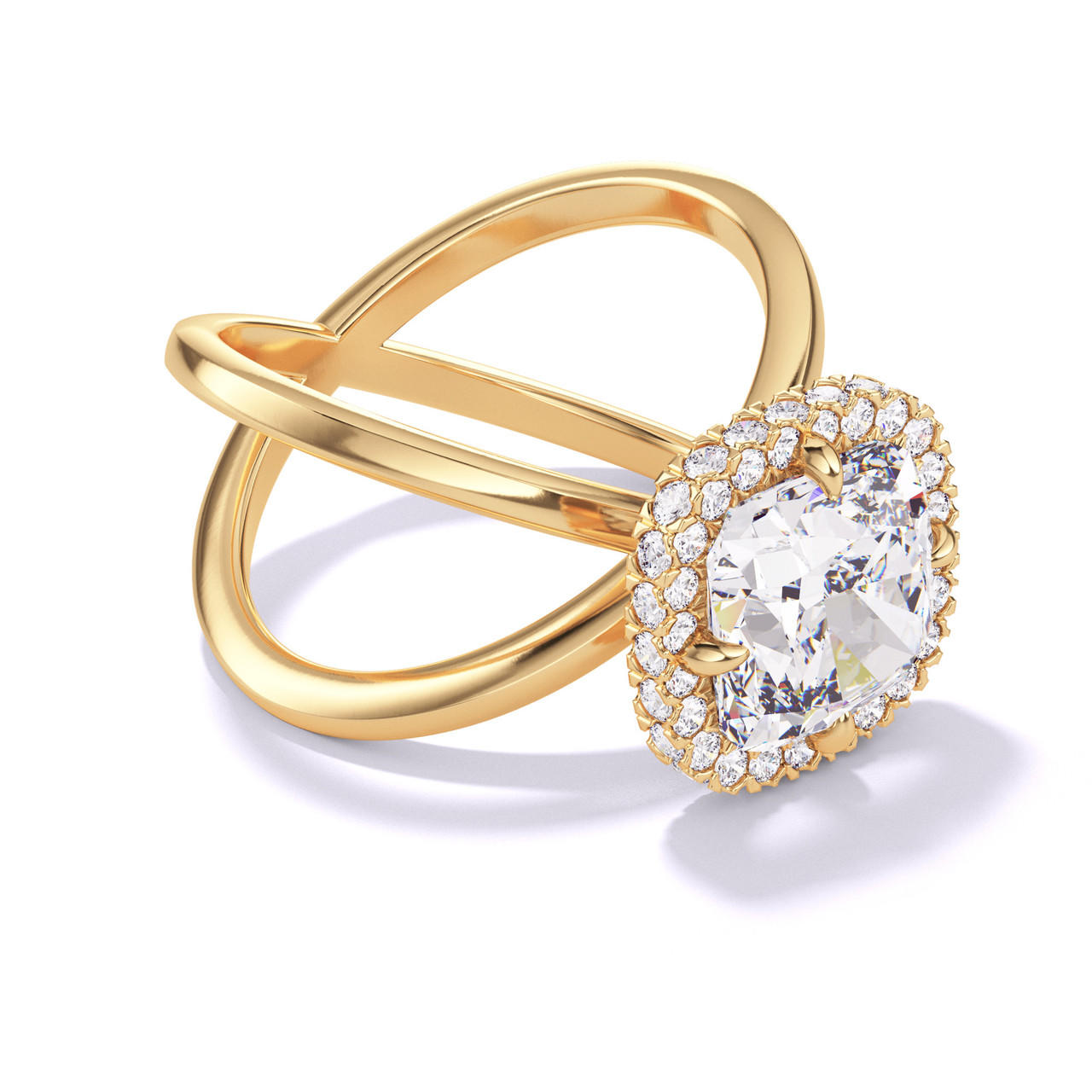 CUSHION CUT DIAMOND ENGAGEMENT RING WITH A WRAPPED HALO AXIS SETTING IN 18K YELLOW GOLD