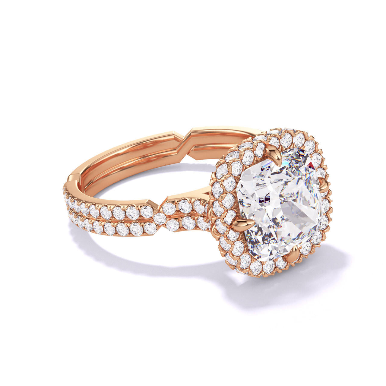 CUSHION CUT DIAMOND ENGAGEMENT RING WITH A WRAPPED HALO CHANCE PAVE SETTING IN 18K ROSE GOLD