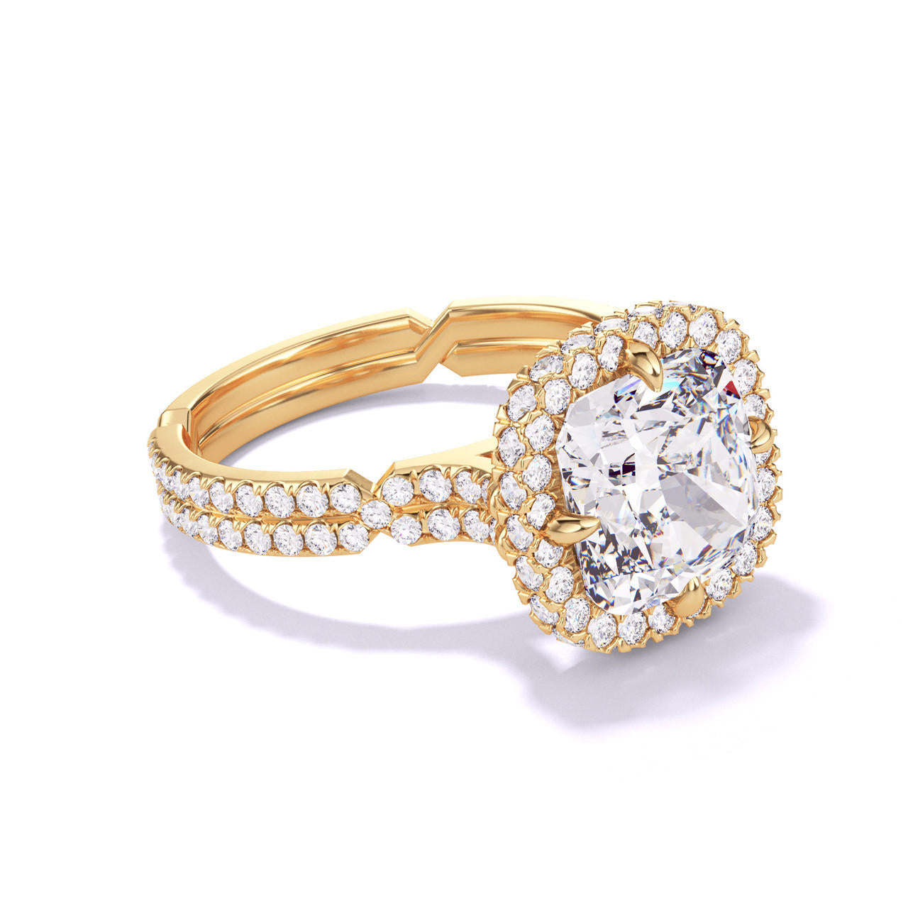 CUSHION CUT DIAMOND ENGAGEMENT RING WITH A WRAPPED HALO CHANCE PAVE SETTING IN 18K YELLOW GOLD