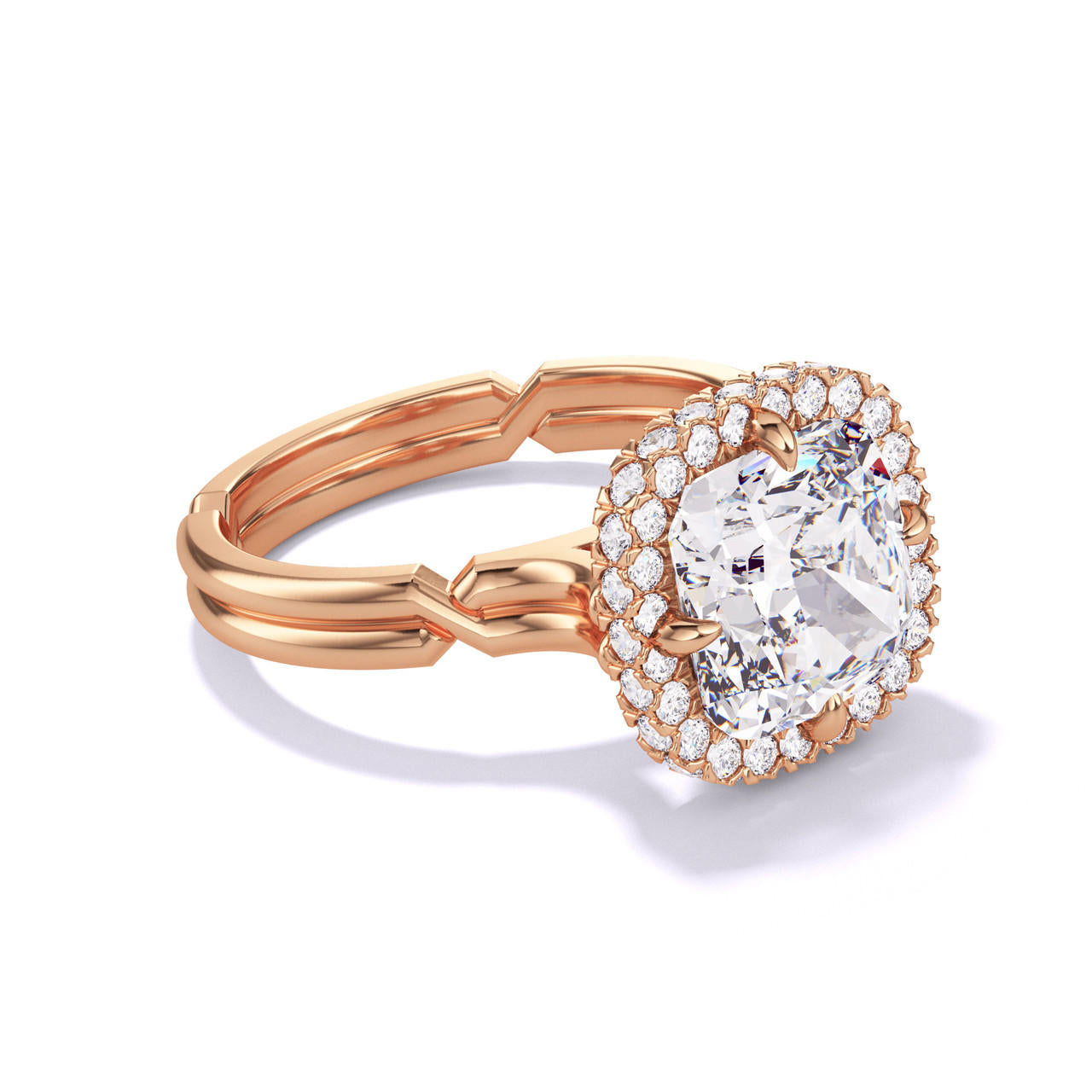 CUSHION CUT DIAMOND ENGAGEMENT RING WITH A WRAPPED HALO CHANCE SETTING IN 18K ROSE GOLD