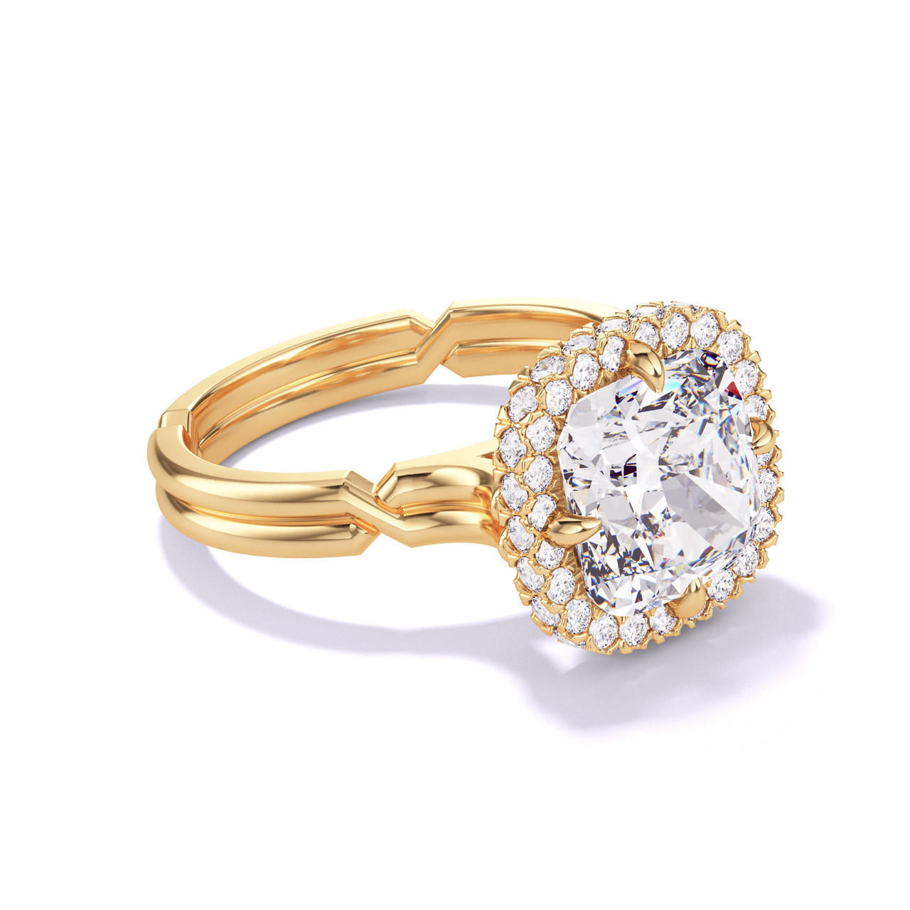 CUSHION CUT DIAMOND ENGAGEMENT RING WITH A WRAPPED HALO CHANCE SETTING IN 18K YELLOW GOLD