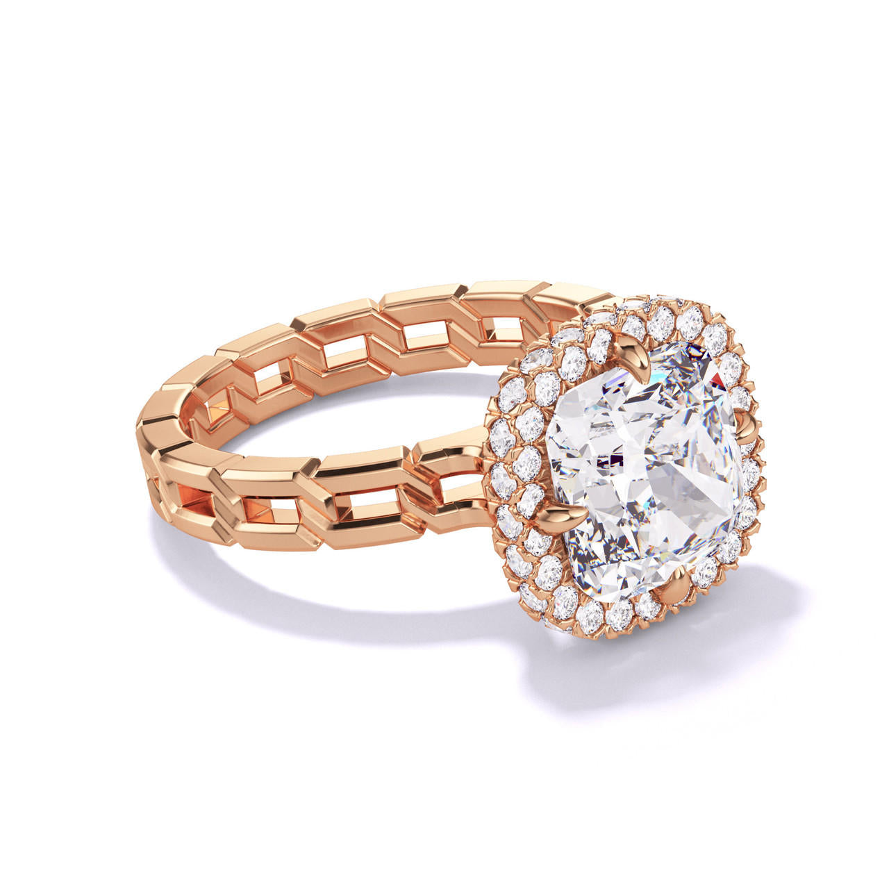 CUSHION CUT DIAMOND ENGAGEMENT RING WITH A WRAPPED HALO 16 LINKS SETTING IN 18K ROSE GOLD