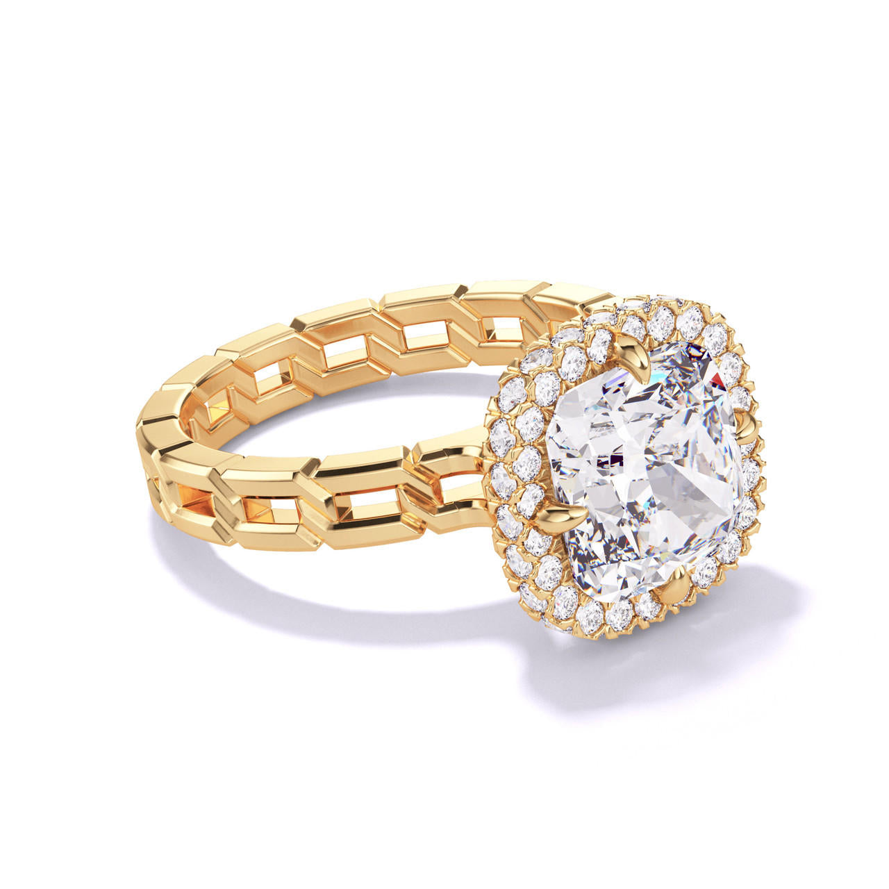 CUSHION CUT DIAMOND ENGAGEMENT RING WITH A WRAPPED HALO 16 LINKS SETTING IN 18K YELLOW GOLD