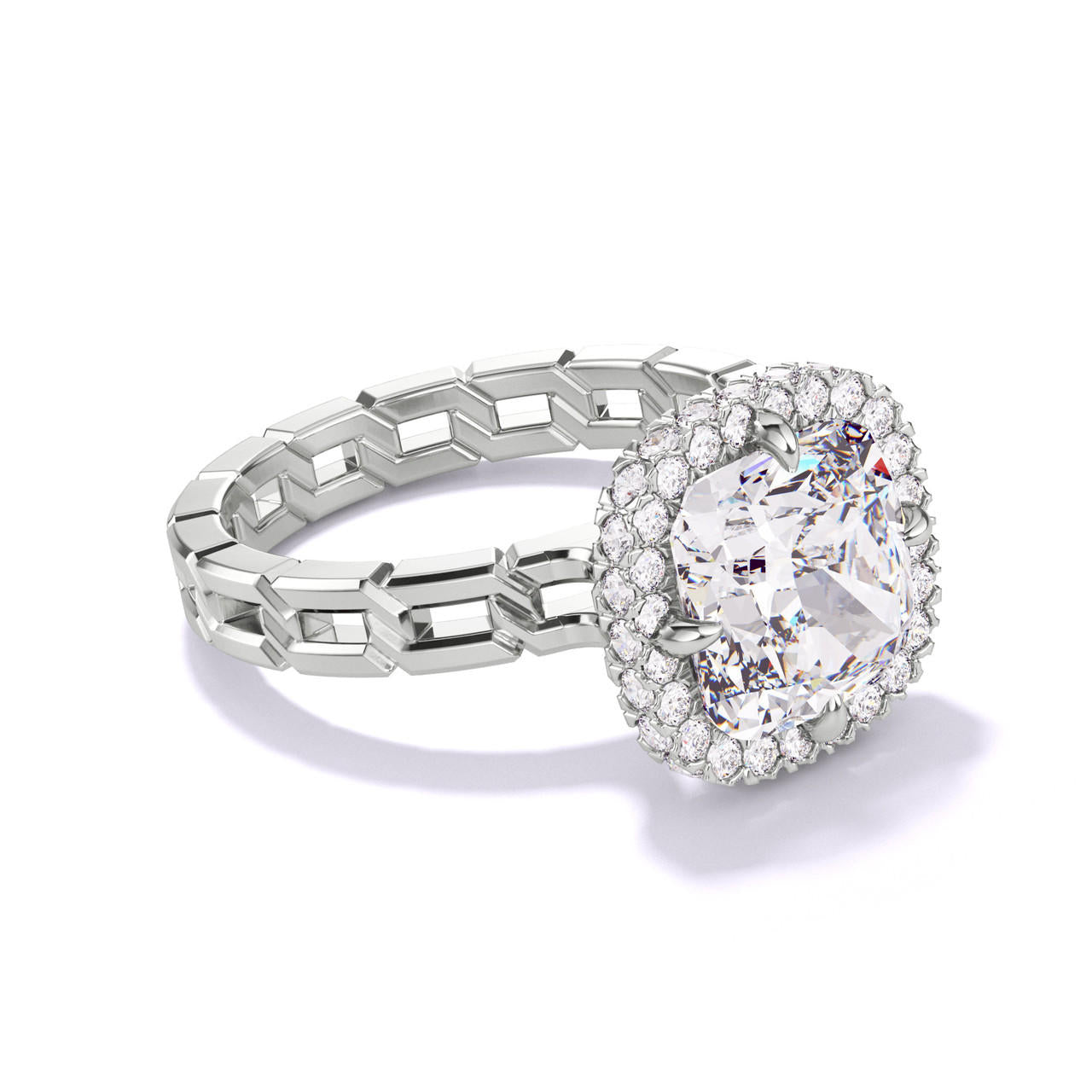 CUSHION CUT DIAMOND ENGAGEMENT RING WITH A WRAPPED HALO 16 LINKS SETTING IN PLATINUM