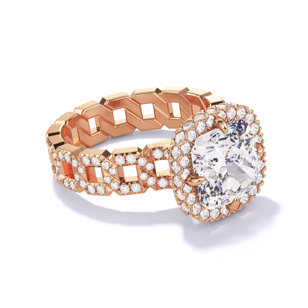 CUSHION CUT DIAMOND ENGAGEMENT RING WITH A WRAPPED HALO 16 PAVE LINKS SETTING IN 18K ROSE GOLD