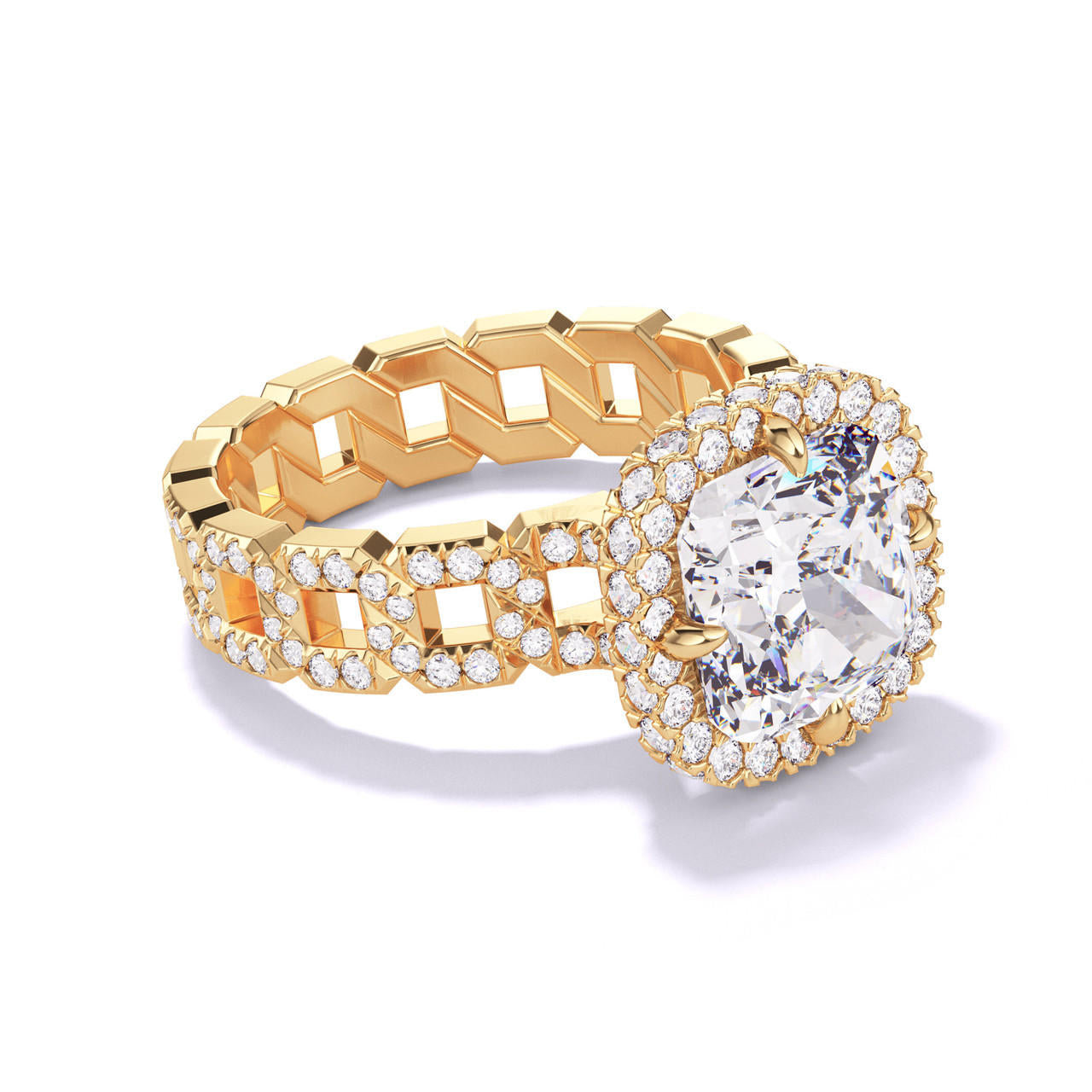 CUSHION CUT DIAMOND ENGAGEMENT RING WITH A WRAPPED HALO 16 PAVE LINKS SETTING IN 18K YELLOW GOLD