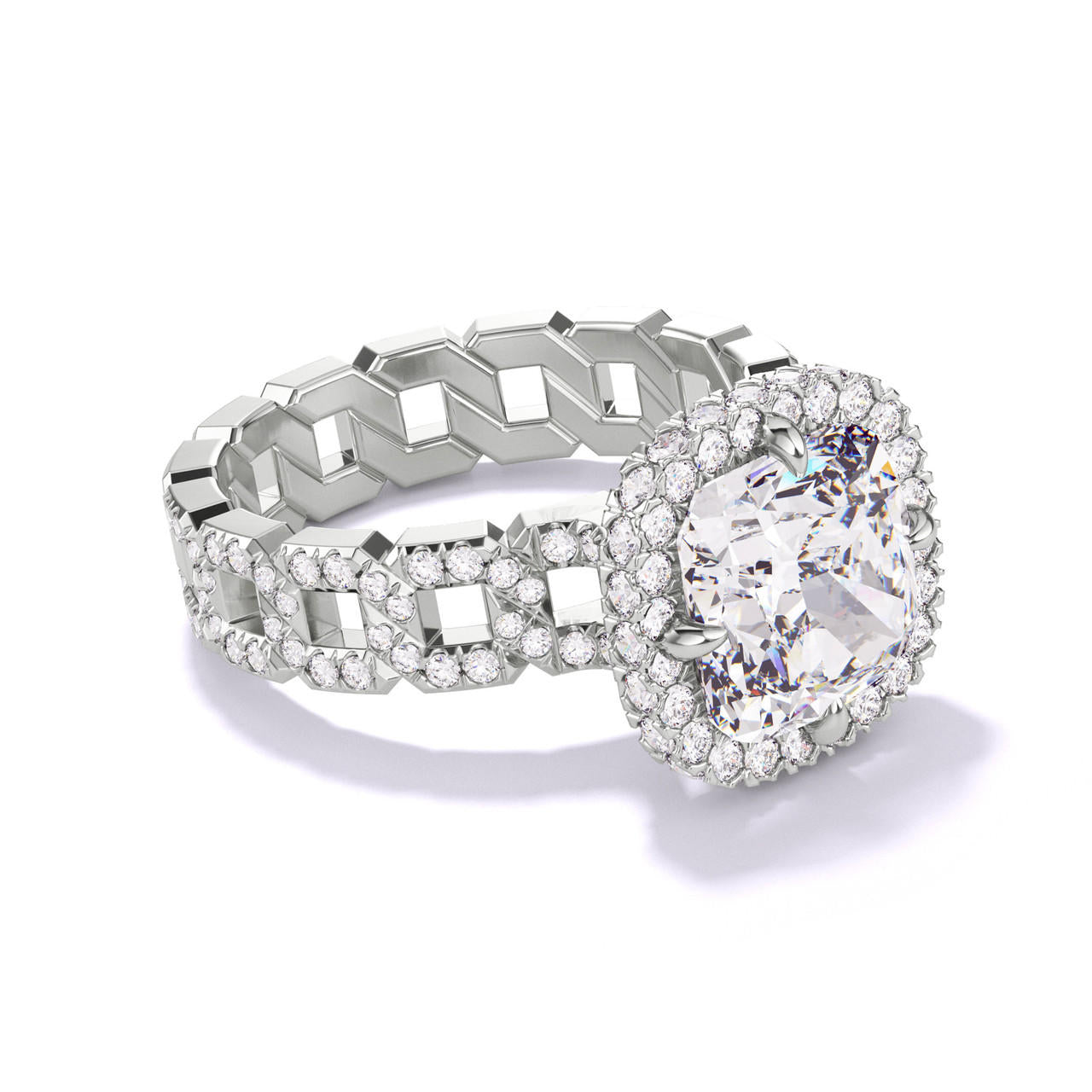 CUSHION CUT DIAMOND ENGAGEMENT RING WITH A WRAPPED HALO 16 PAVE LINKS SETTING IN PLATINUM