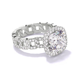 CUSHION CUT DIAMOND ENGAGEMENT RING WITH A WRAPPED HALO 16 PAVE LINKS SETTING IN PLATINUM