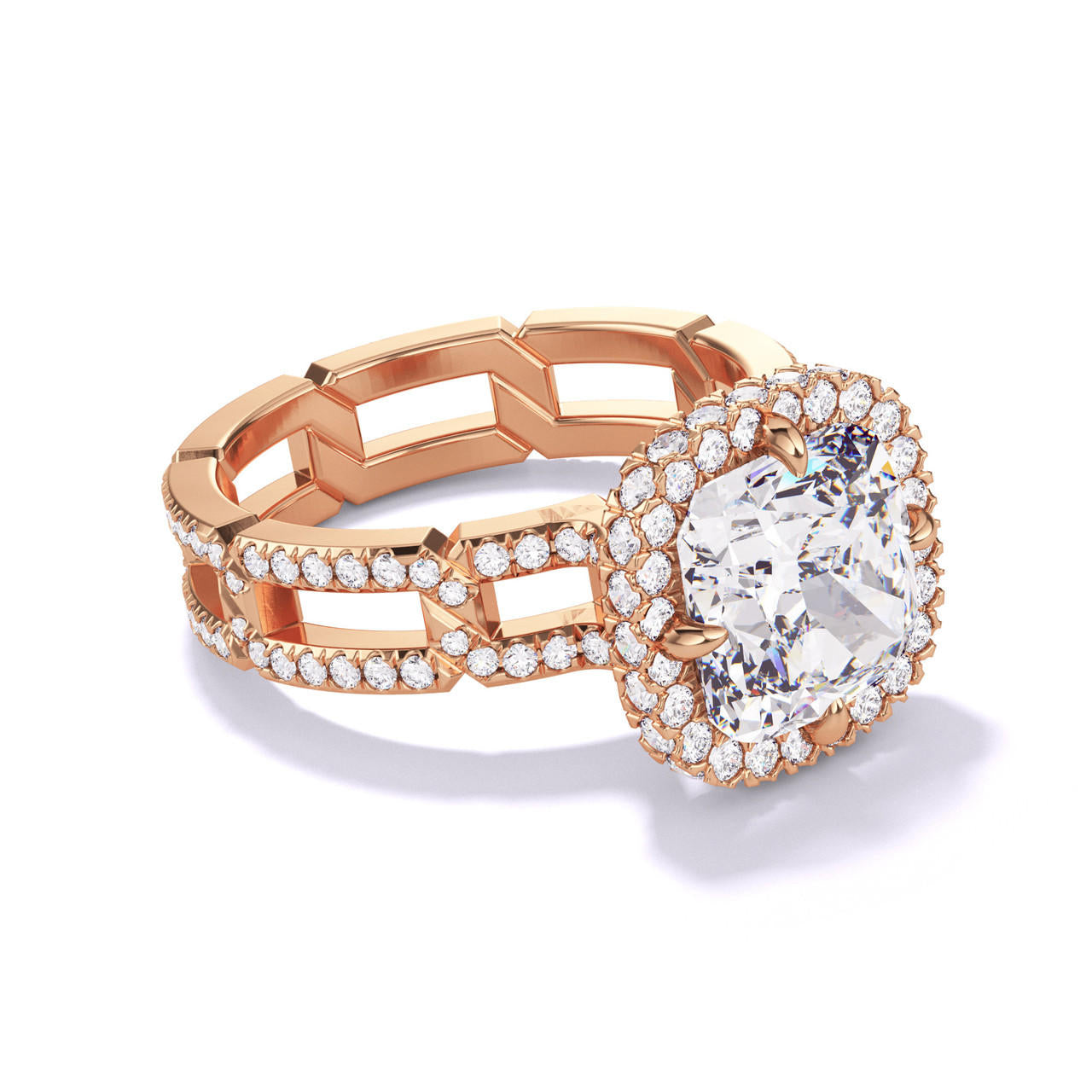 CUSHION CUT DIAMOND ENGAGEMENT RING WITH A WRAPPED HALO 8 PAVE LINKS SETTING IN 18K ROSE GOLD