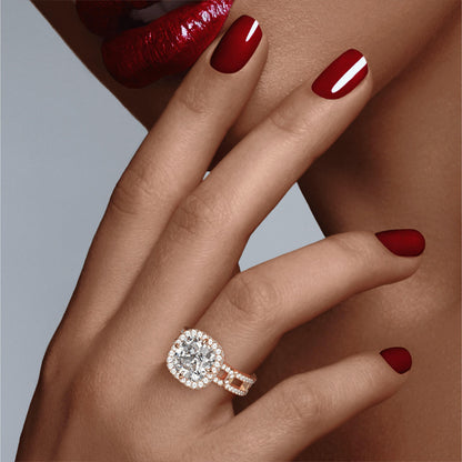 CUSHION CUT DIAMOND ENGAGEMENT RING WITH A WRAPPED HALO 8 PAVE LINKS SETTING IN 18K ROSE GOLD