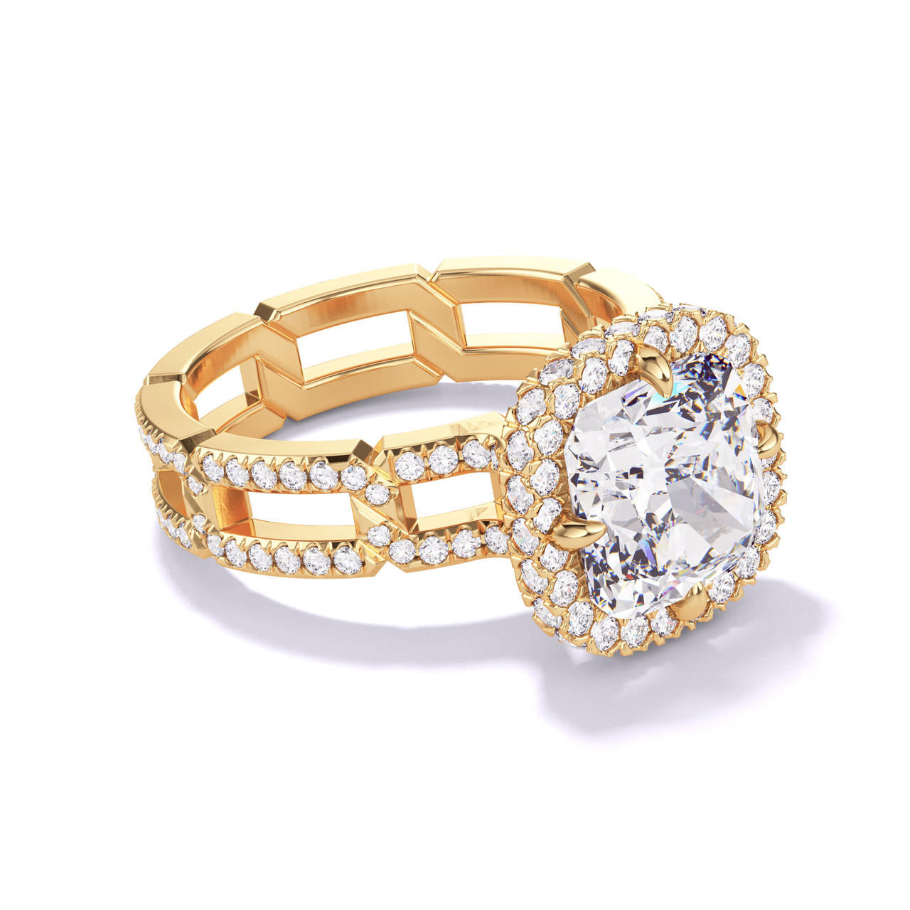 CUSHION CUT DIAMOND ENGAGEMENT RING WITH A WRAPPED HALO 8 PAVE LINKS SETTING IN 18K YELLOW GOLD