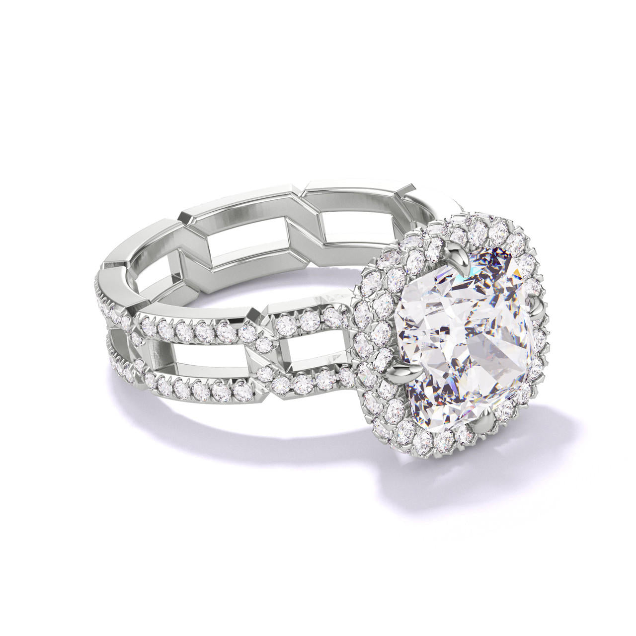 CUSHION CUT DIAMOND ENGAGEMENT RING WITH A WRAPPED HALO 8 PAVE LINKS SETTING IN PLATINUM