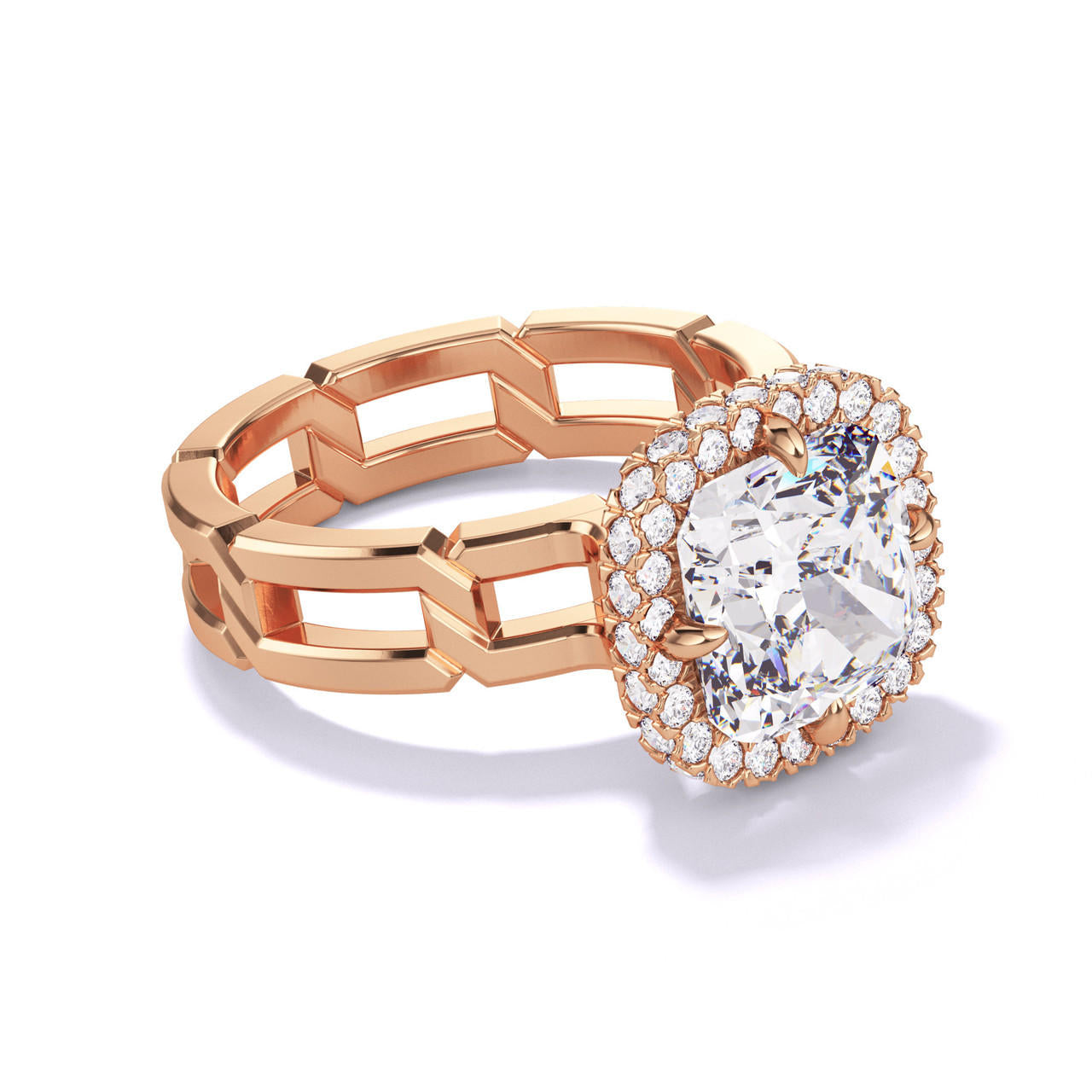 CUSHION CUT DIAMOND ENGAGEMENT RING WITH A WRAPPED HALO 8 LINKS SETTING IN 18K ROSE GOLD