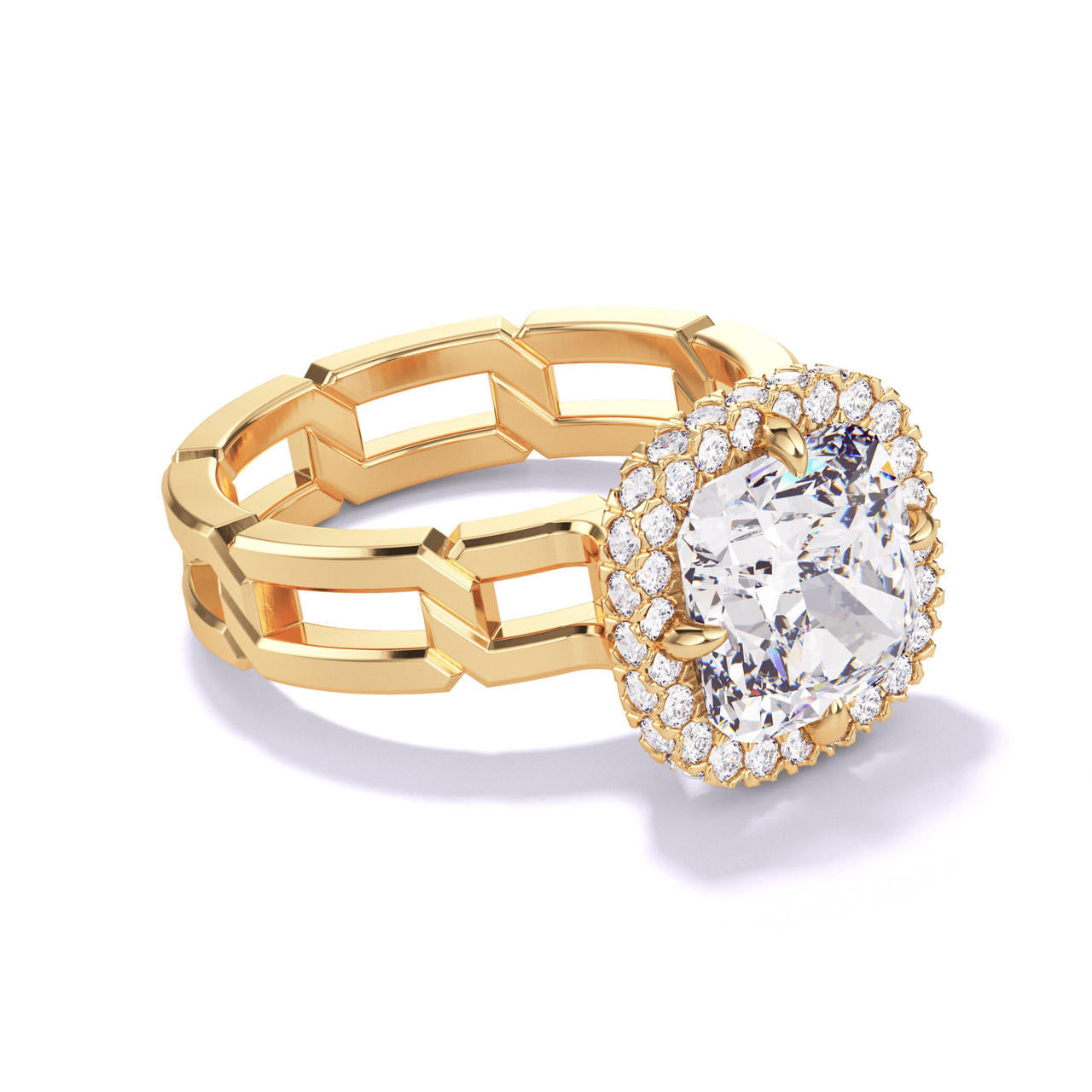 CUSHION CUT DIAMOND ENGAGEMENT RING WITH A WRAPPED HALO 8 LINKS SETTING IN 18K YELLOW GOLD