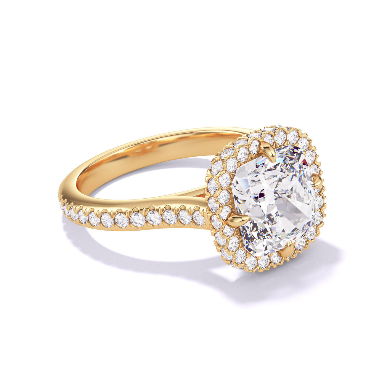 CUSHION CUT DIAMOND ENGAGEMENT RING WITH A WRAPPED HALO THREE PHASES PAVE SETTING IN 18K YELLOW GOLD